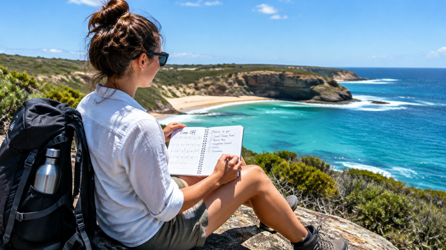 A traveller sitting on a coastal headland planning trips in a notebook
