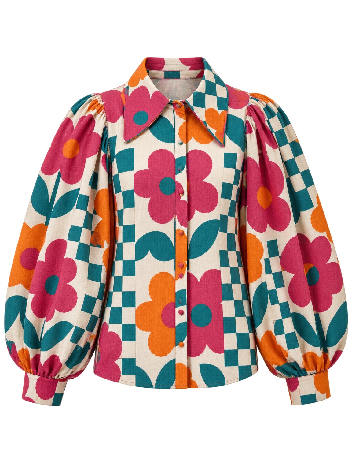 Grafisk blomstret ballonbluse
