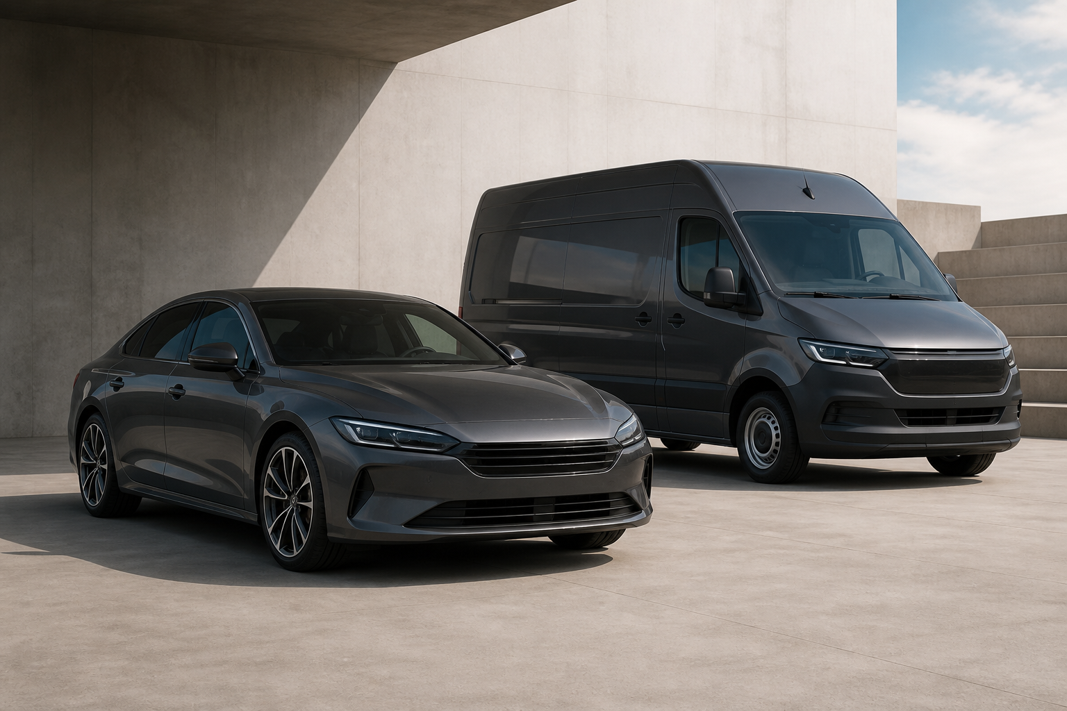 A passenger car and a commercial van prepared for European trade