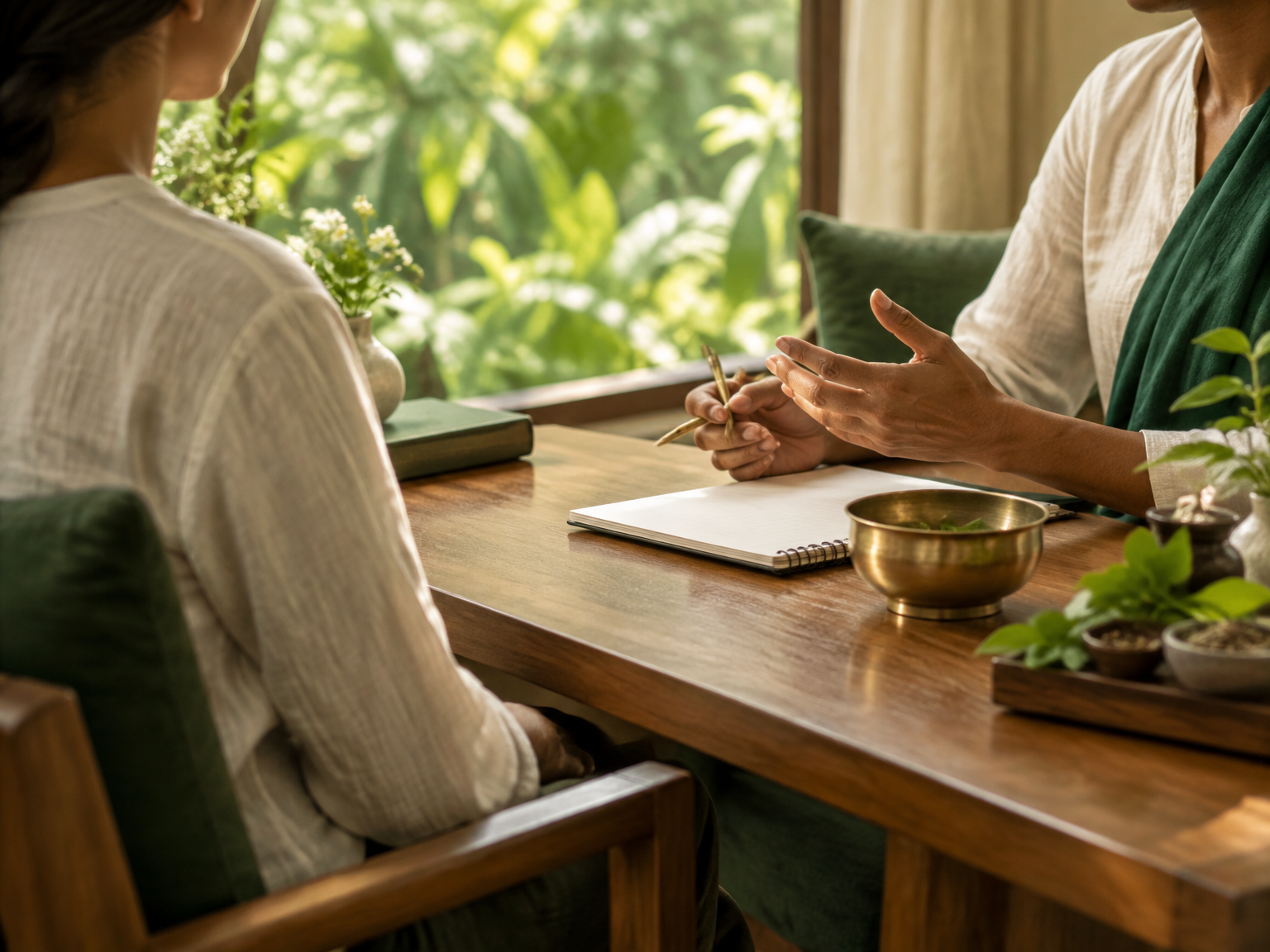 A guest and practitioner in a calm consultation.
