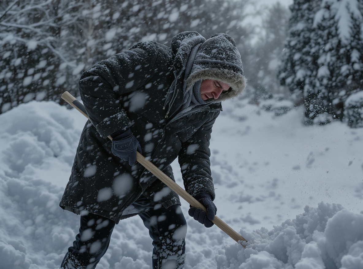 Homeowner struggling to shovel snow