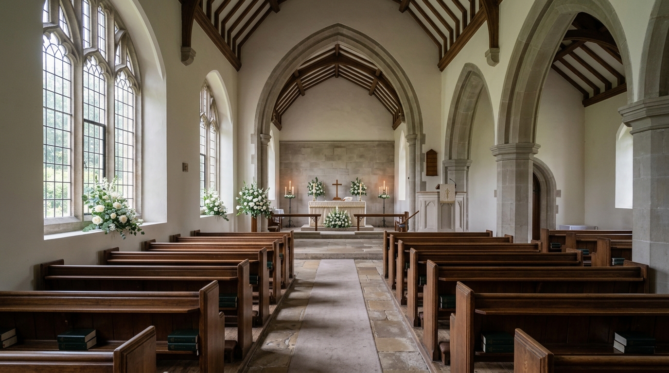 Serene chapel interior for funeral live streaming service