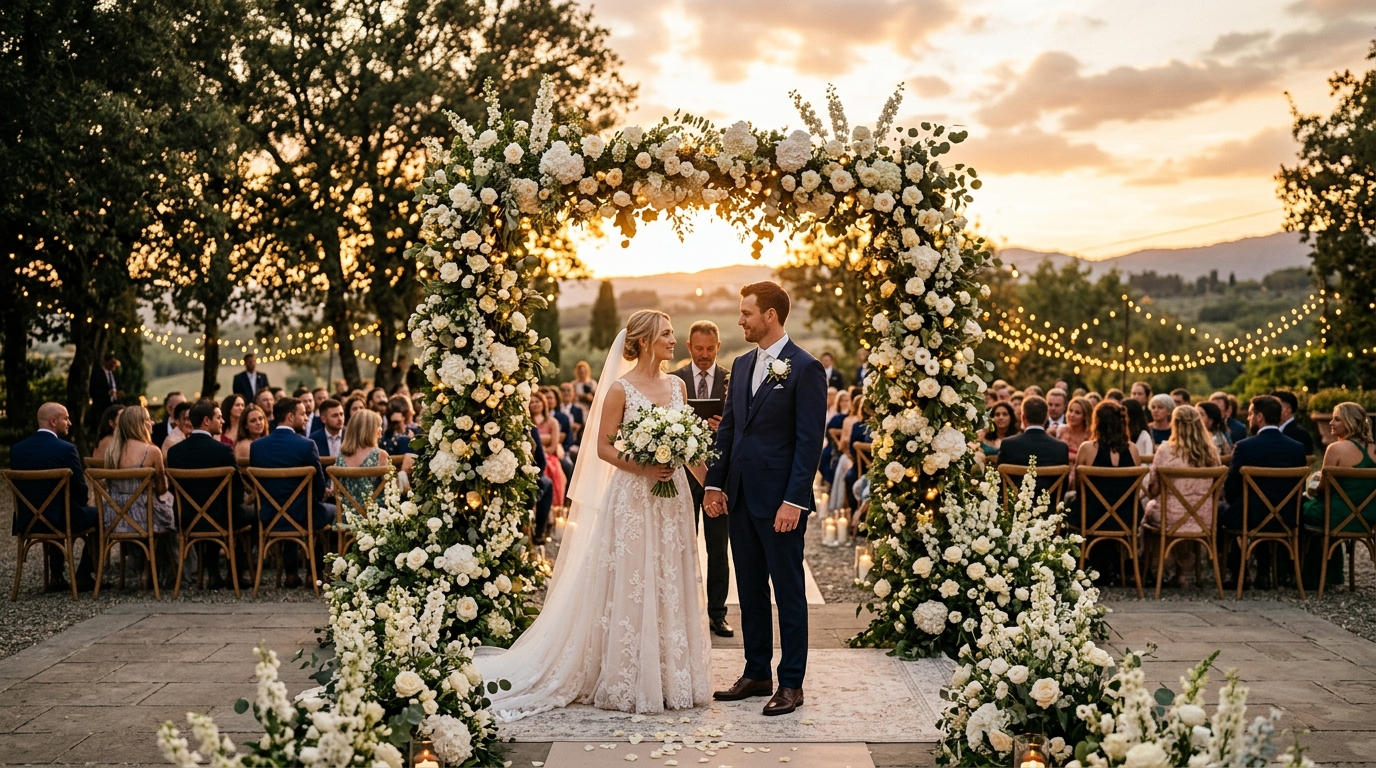 Professional wedding live streaming ceremony at golden hour