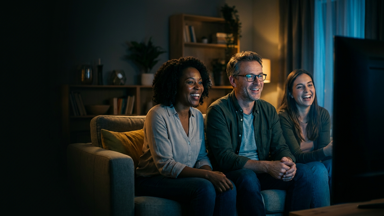 Friends watching a movie together at night