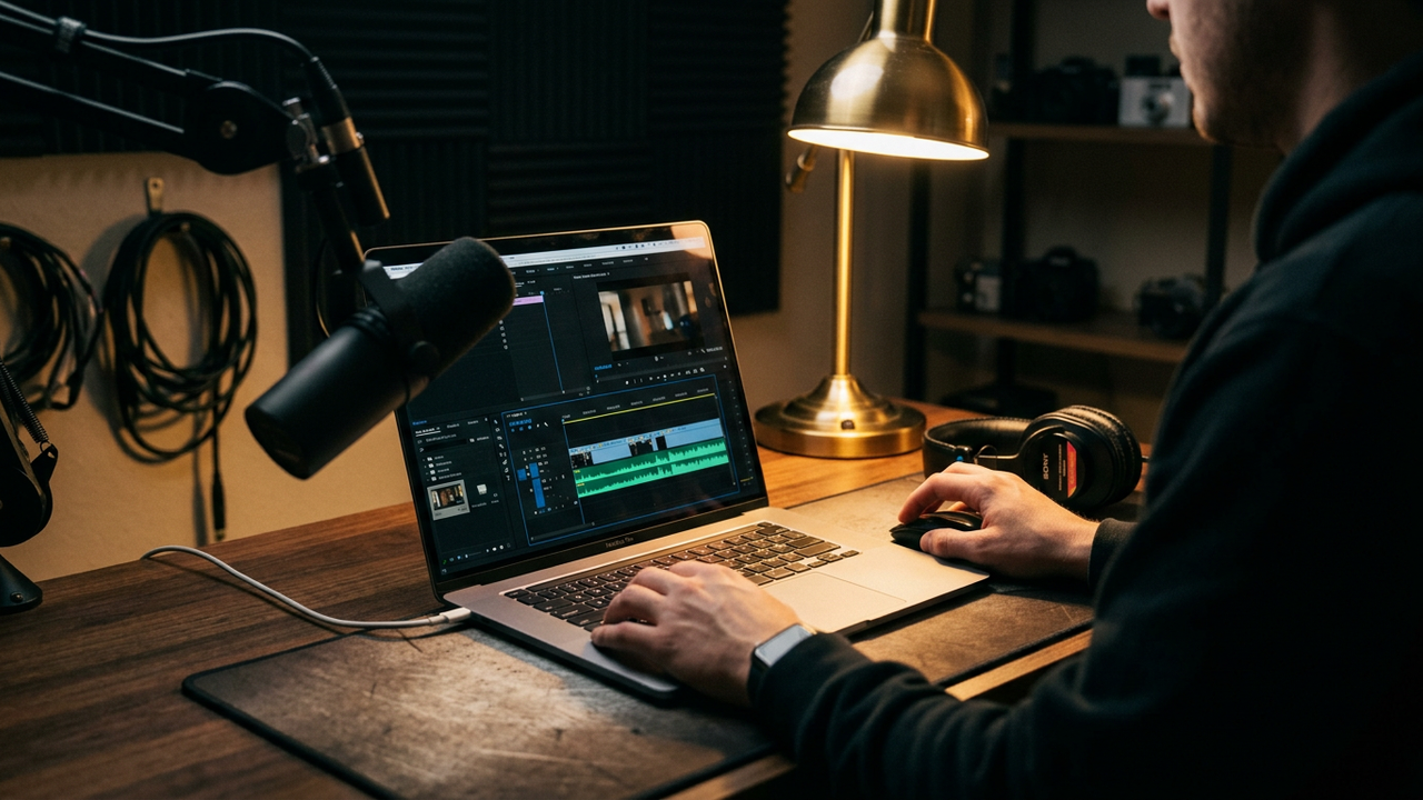 A faceless creator editing a video with a microphone nearby