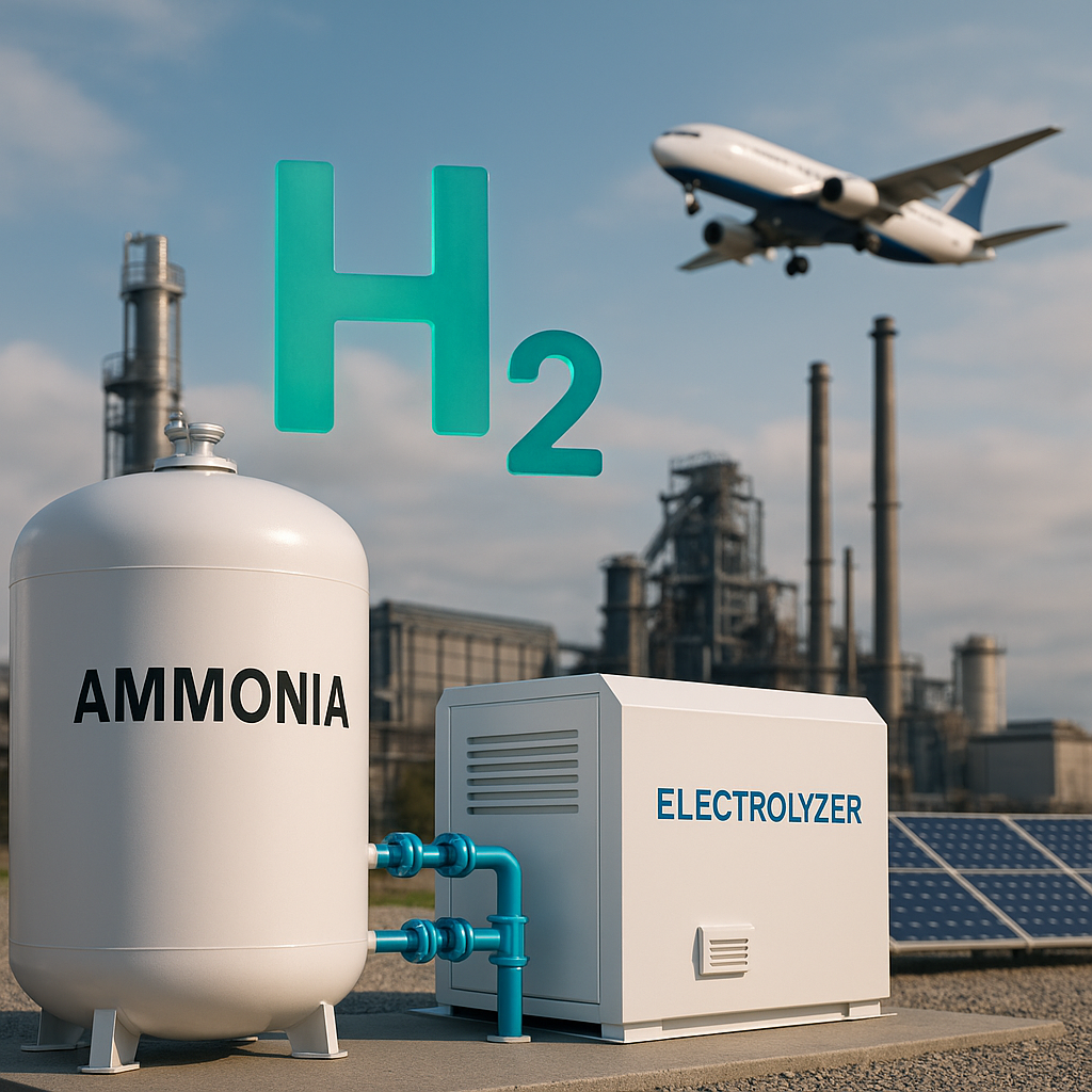 Modrozelený symbol H₂ nad elektrolyzérem a průmyslovým komplexem s letadlem v pozadí