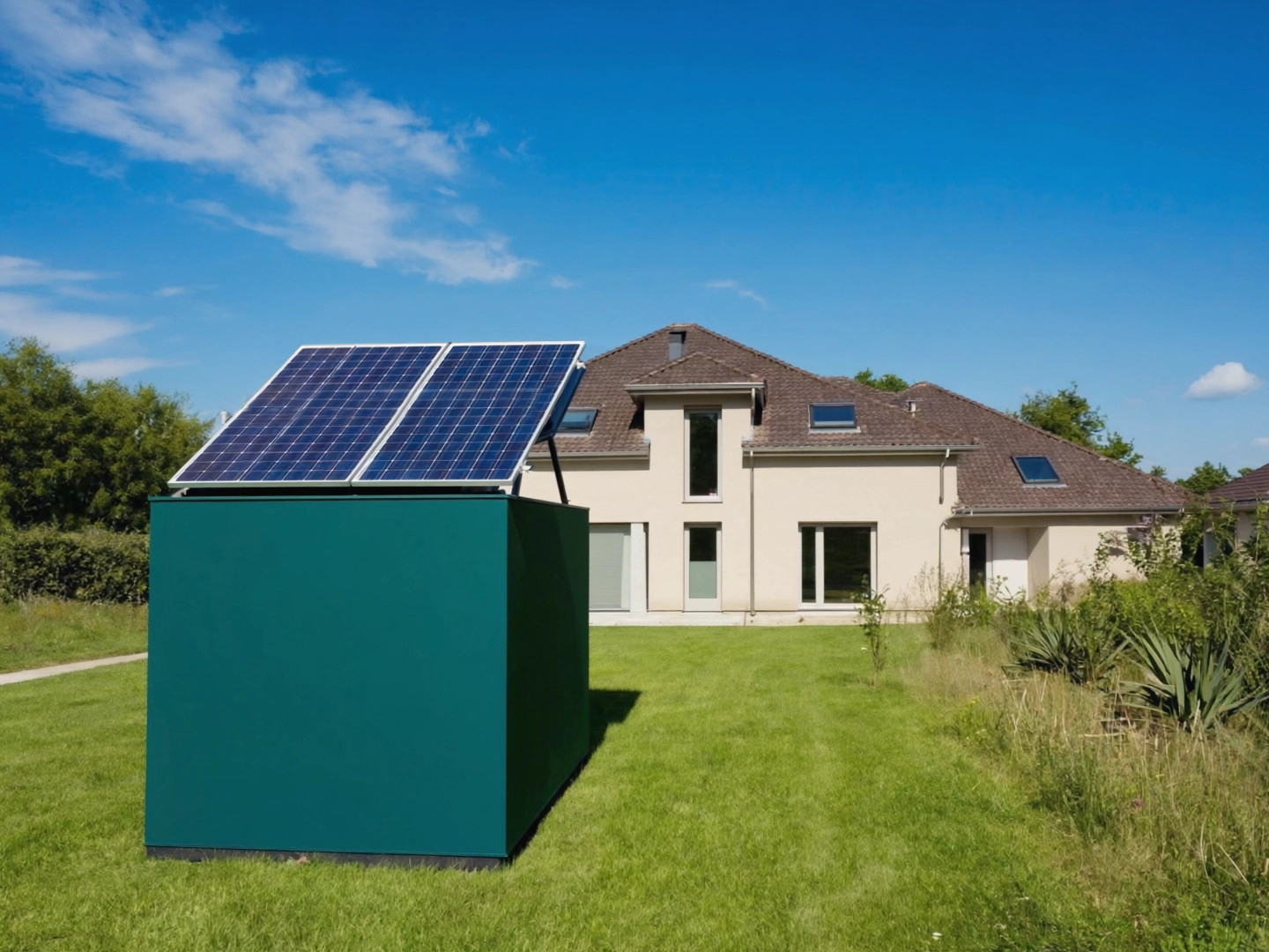 Moderní dům s CaloRa tepelnou baterií - čistá instalace na trávníku