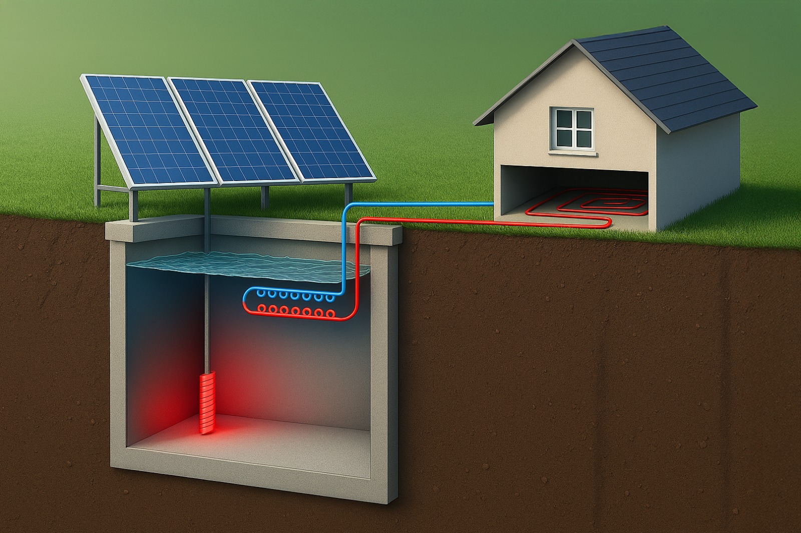 3D řez CaloRa systému - solární panely, podzemní nádrž s tepelným výměníkem a propojení s podlahovým vytápěním