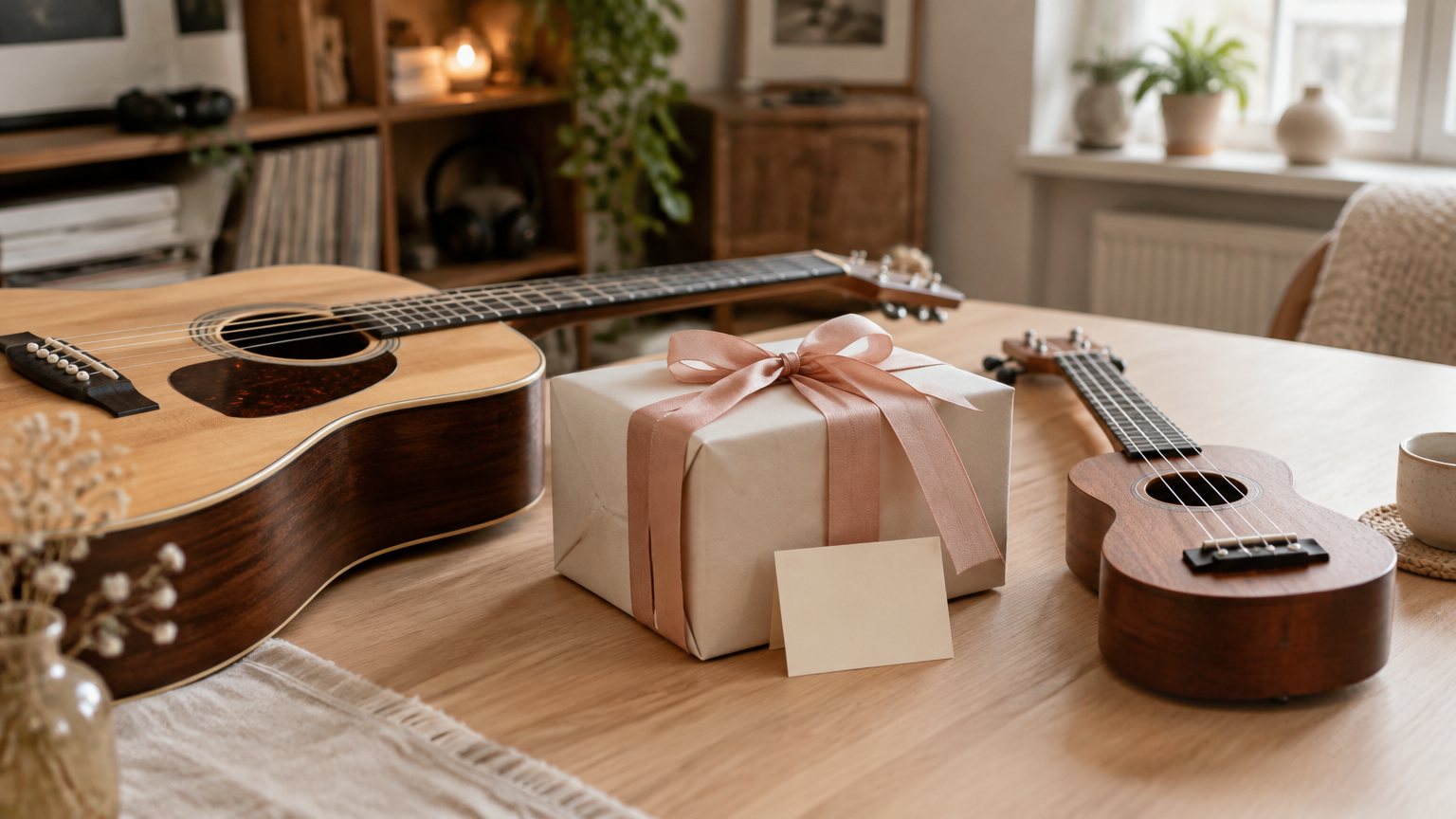 Dárkový balíček s růžovou stuhou vedle kytary a ukulele
