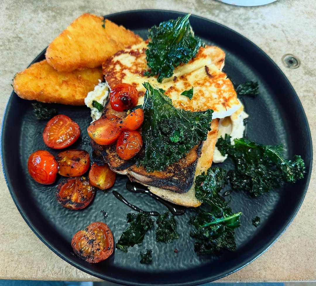 Instagram post showcasing OAR's grilled sourdough with halloumi and roasted tomatoes