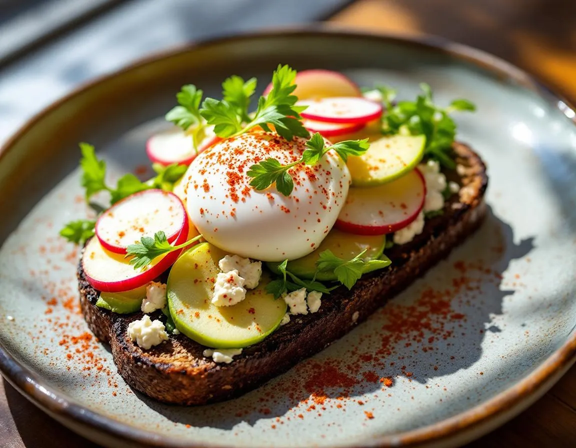Dark Rye with fetta, avocado, togarashi, eggs, watercress, apple, radish