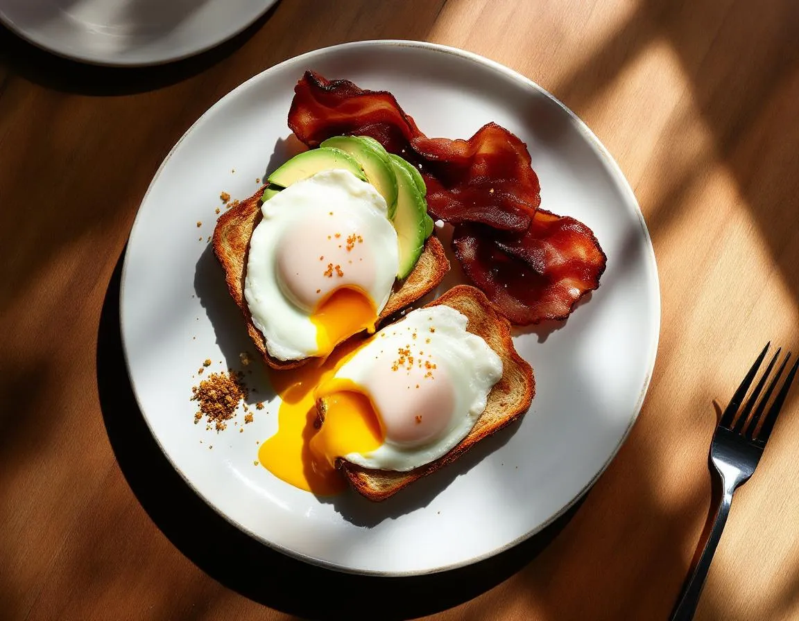 Poached Eggs with Barossa bacon, sourdough toast, avocado, dukkah & fetta