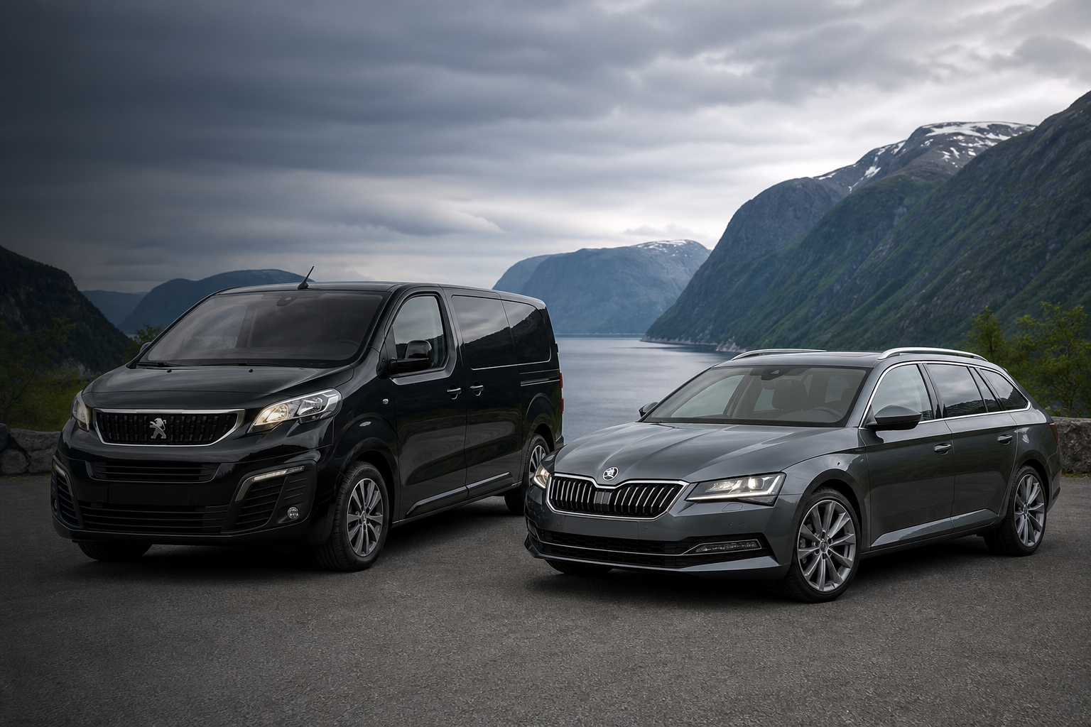 Peugeot Traveller og Skoda Superb ved norsk fjord