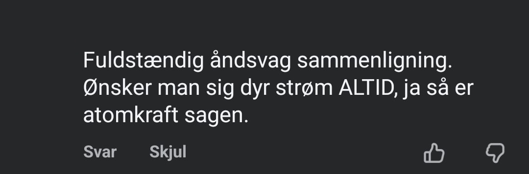 Anonymiseret skærmbillede af en Facebook-kommentar om atomkraft; navn og profilbillede er fjernet.