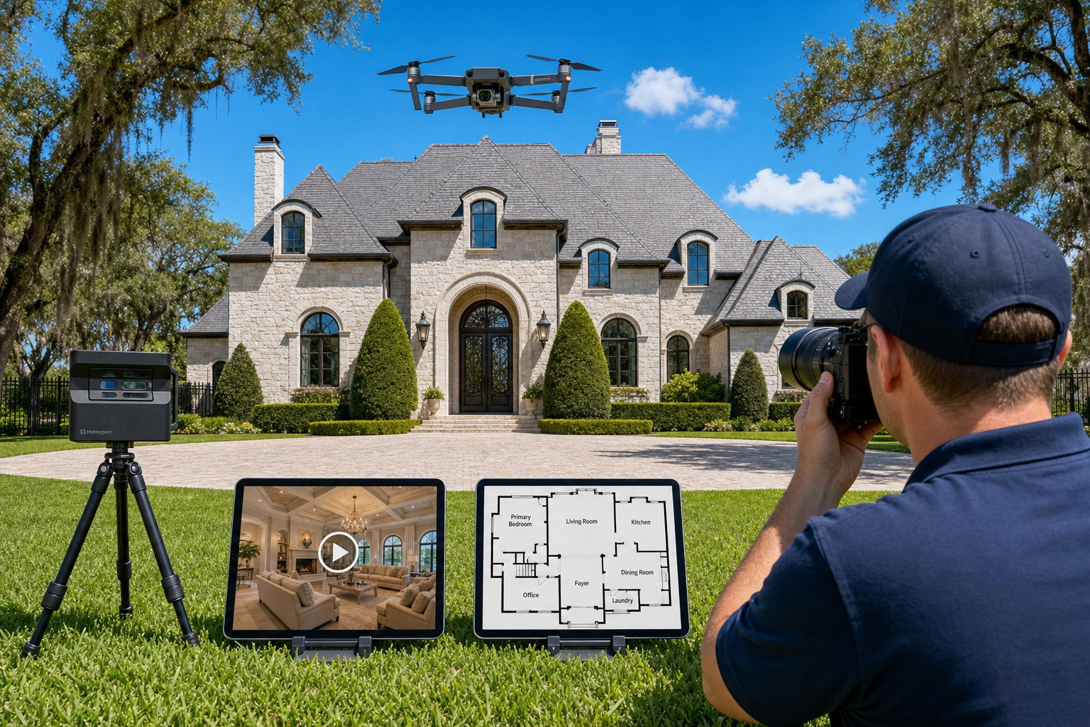 Real estate photographer Houston TX — Lone Star Property Services professional at luxury Houston home with drone, Matterport 3D tour, and floor plan
