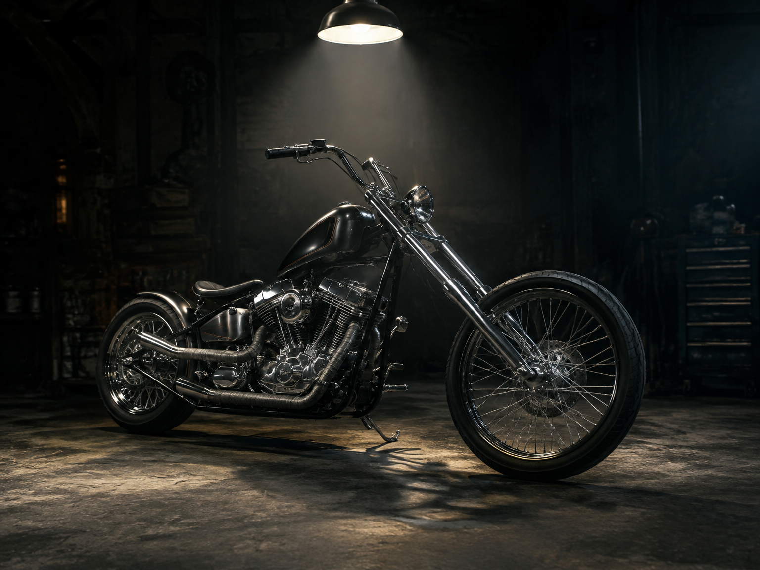Custom chopper motorcycle under a workshop spotlight