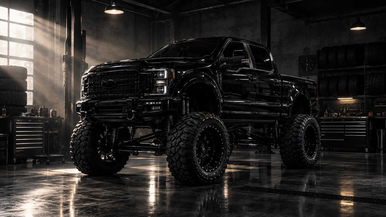 Lifted custom truck inside the Pee Dee Customs workshop