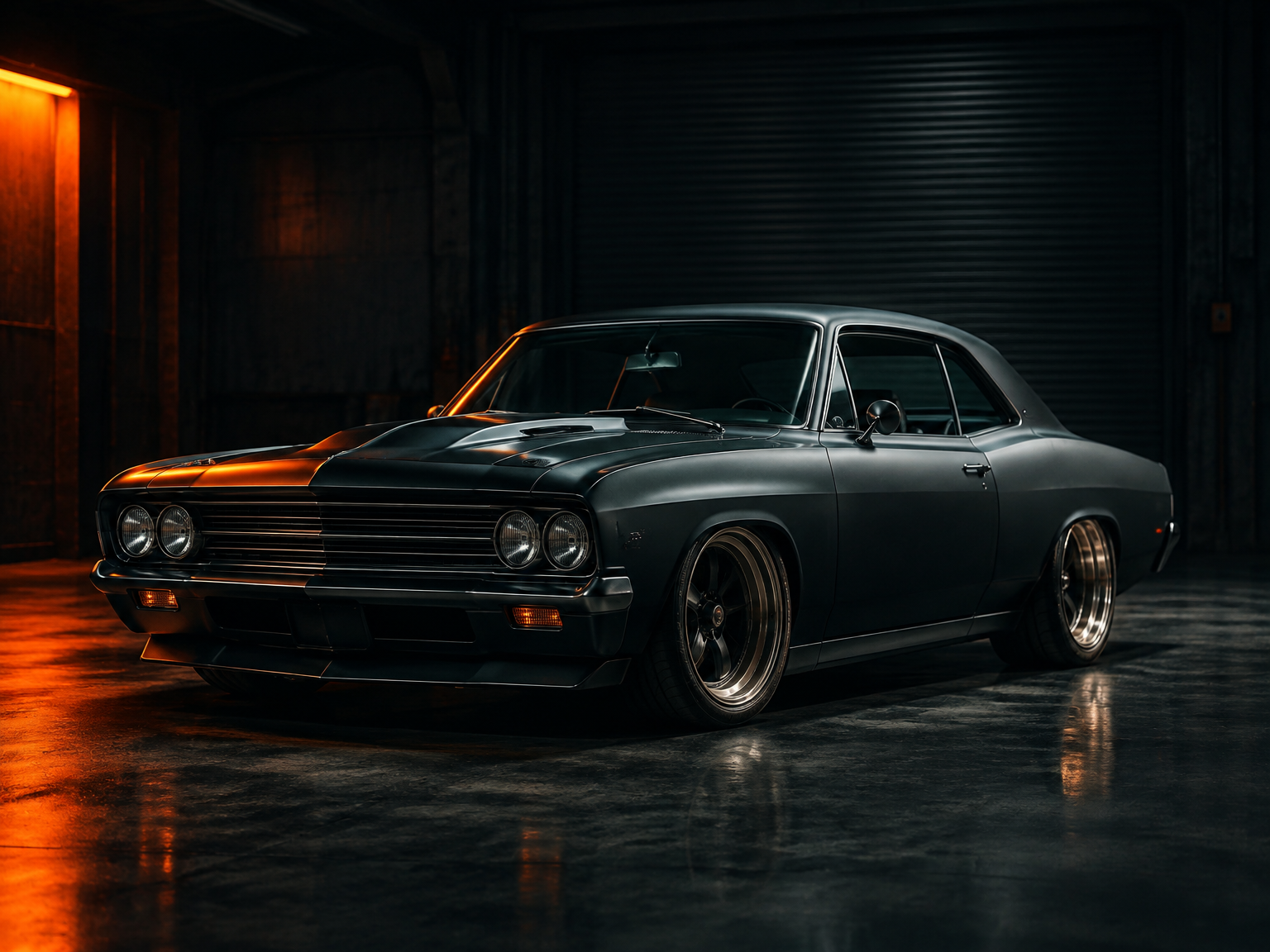 Custom lowered muscle car in the shop