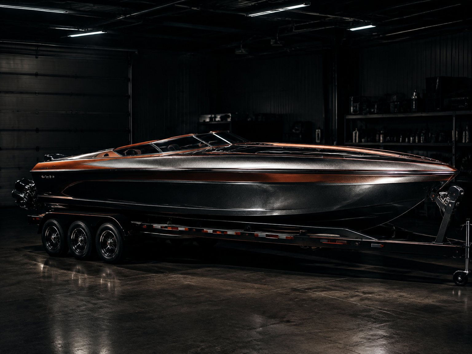 Custom speedboat on a trailer in the garage