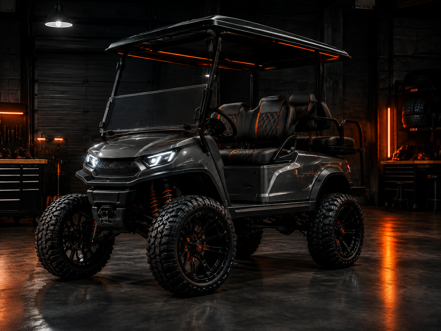 Custom lifted golf cart with oversized wheels in the workshop