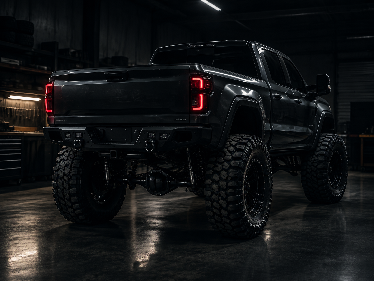 Lifted pickup truck with big off-road tires