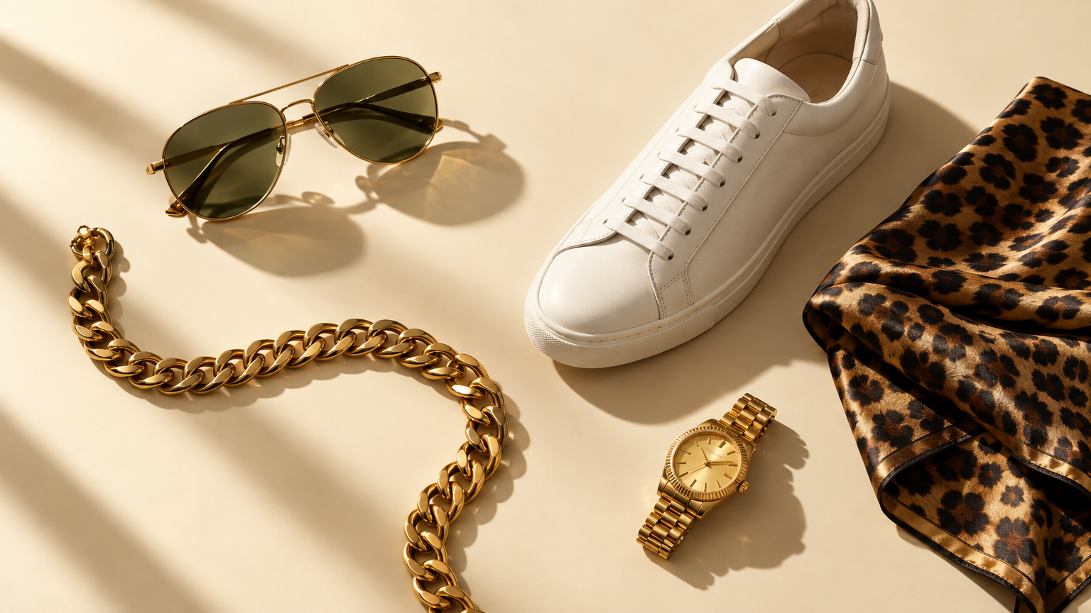 Curated luxury finds: sunglasses, gold chain, sneaker, watch and silk