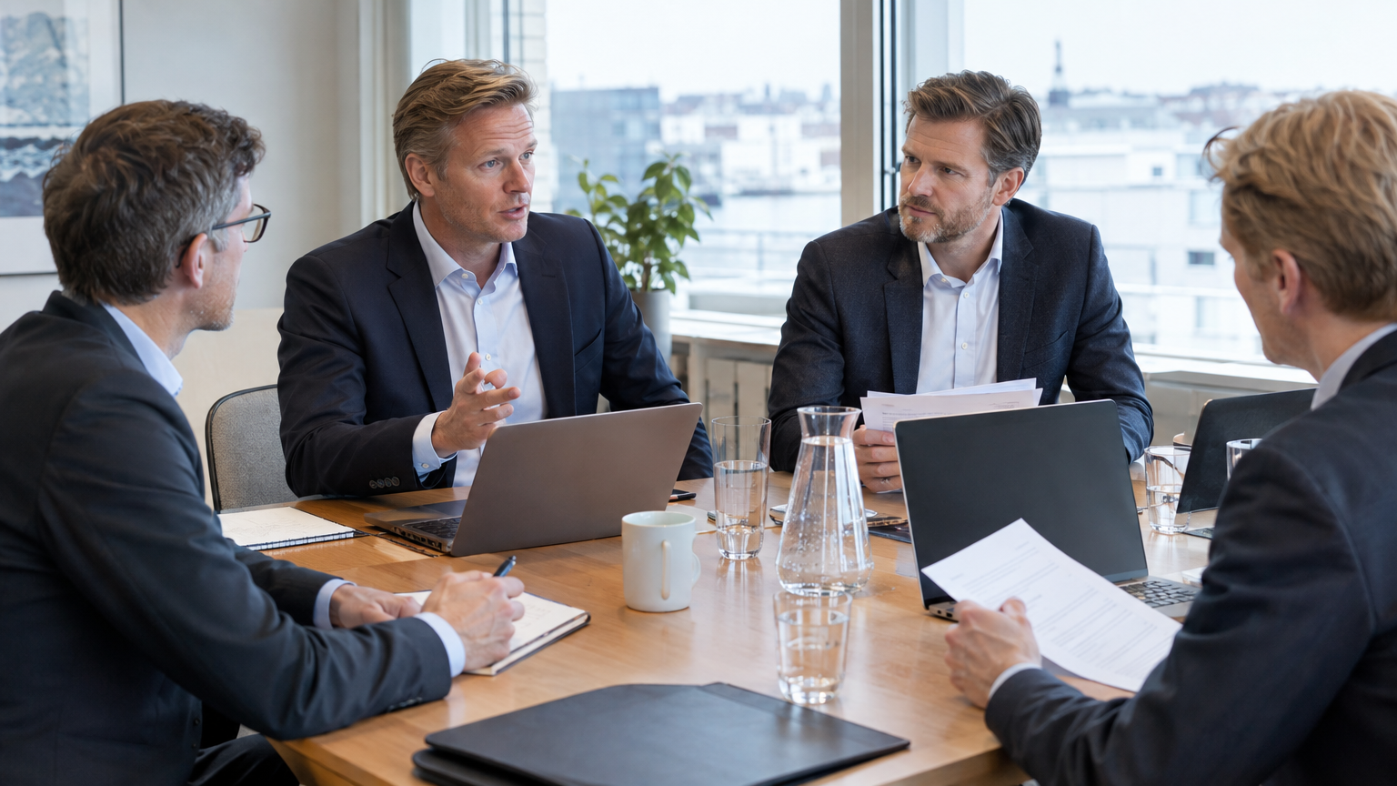 Diversifierat inköpsteam som tillsammans går igenom dokument och laptops runt ett arbetsbord