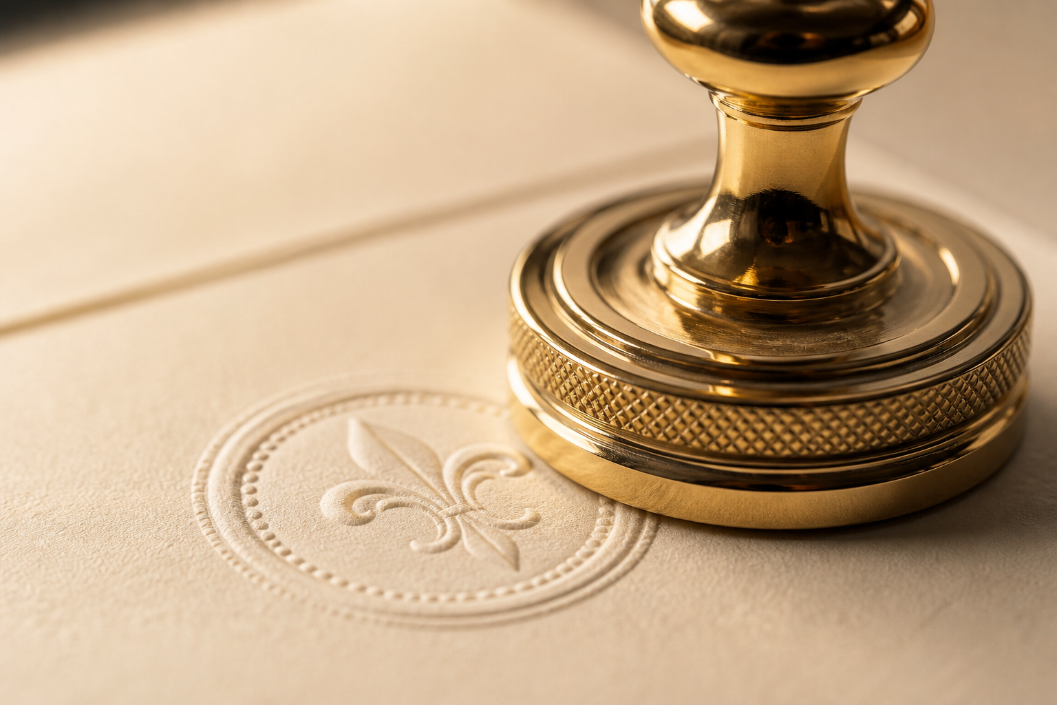 Gold notary seal embossing a document on a lawyer's desk