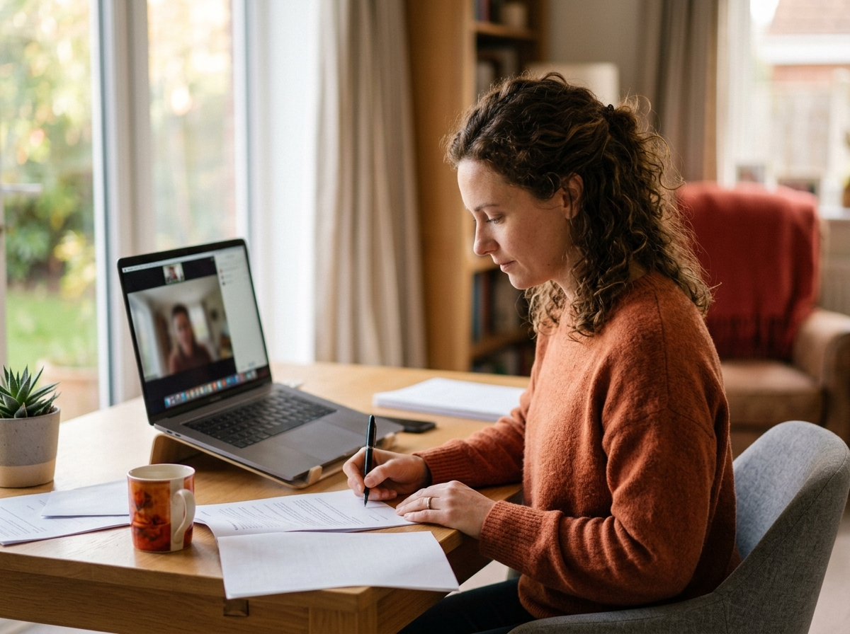 Notary public meeting a client over a secure video call on a laptop for remote online notarization