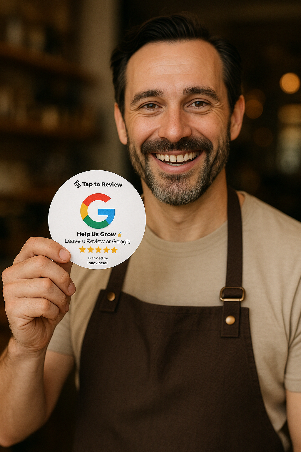 Happy restaurant owner holding NFC Tap to Review card