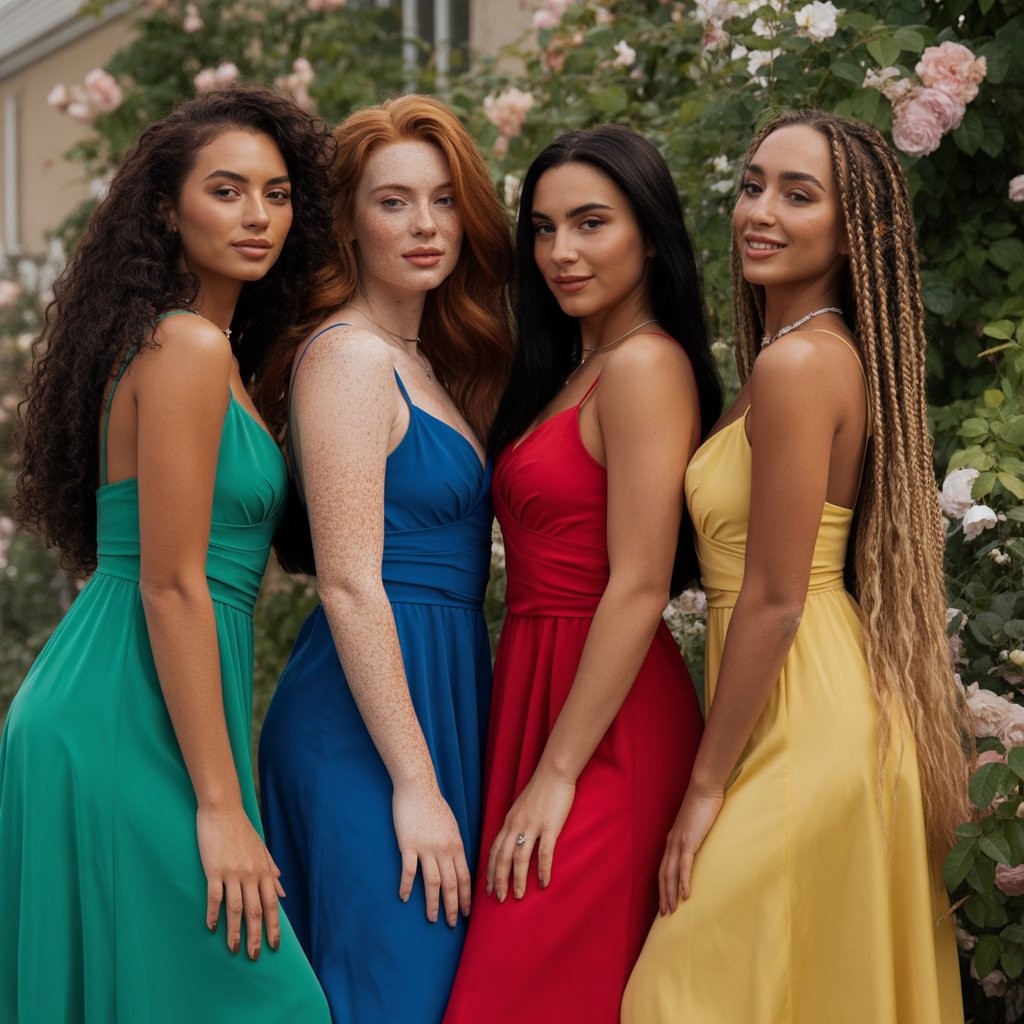 أربع نساء جميلات بفساتين ملونة مع خلفية ورود - رفيقاتك