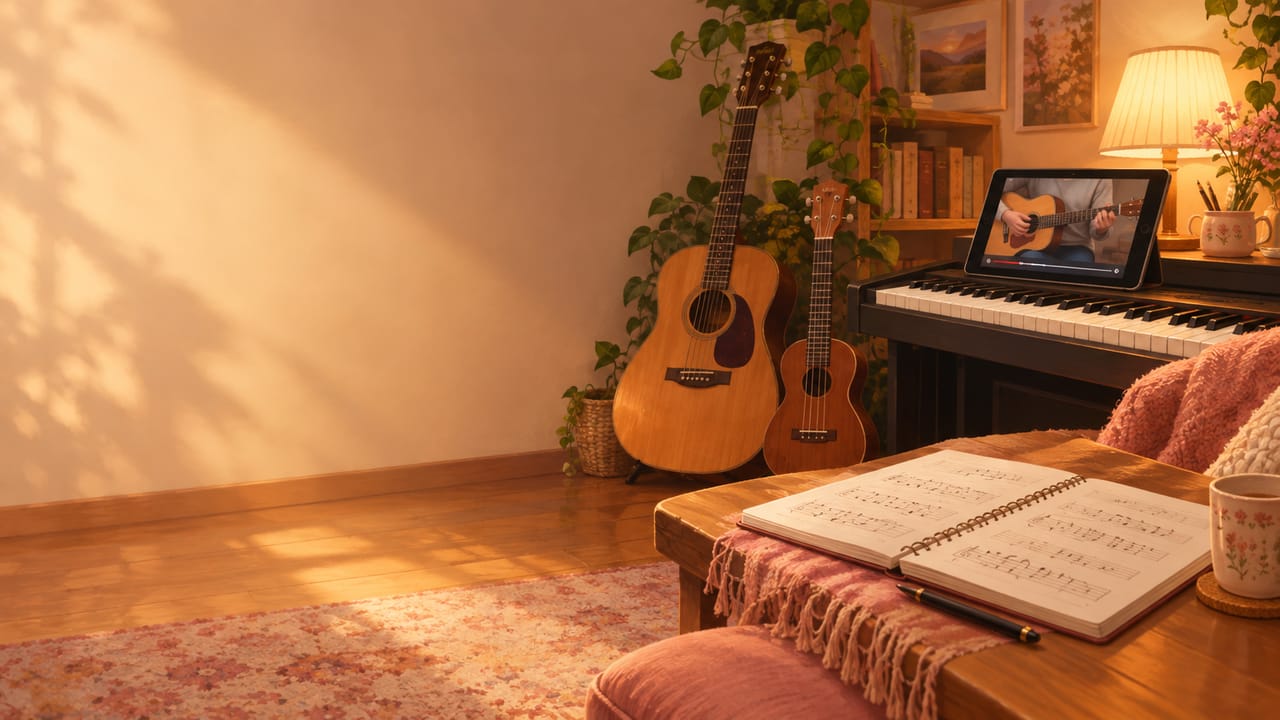 Kytara, ukulele a klávesy s notami a tabletem s videolekcí