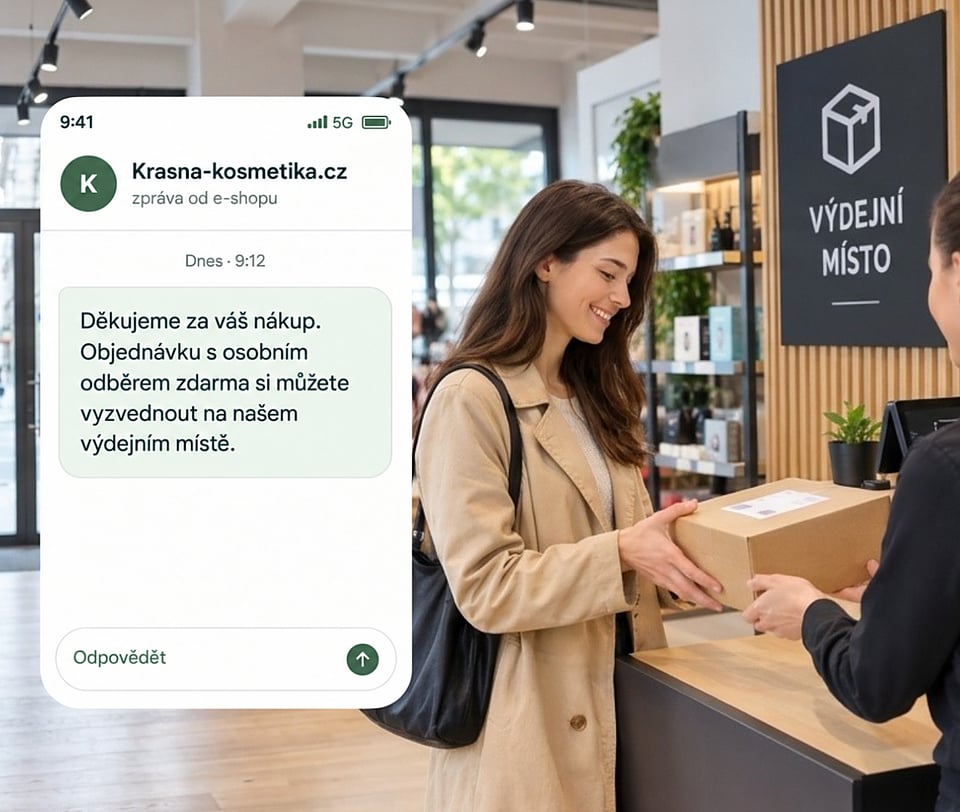 Zákaznice vyzvedává balíček v e-shopu s potvrzením objednávky v telefonu