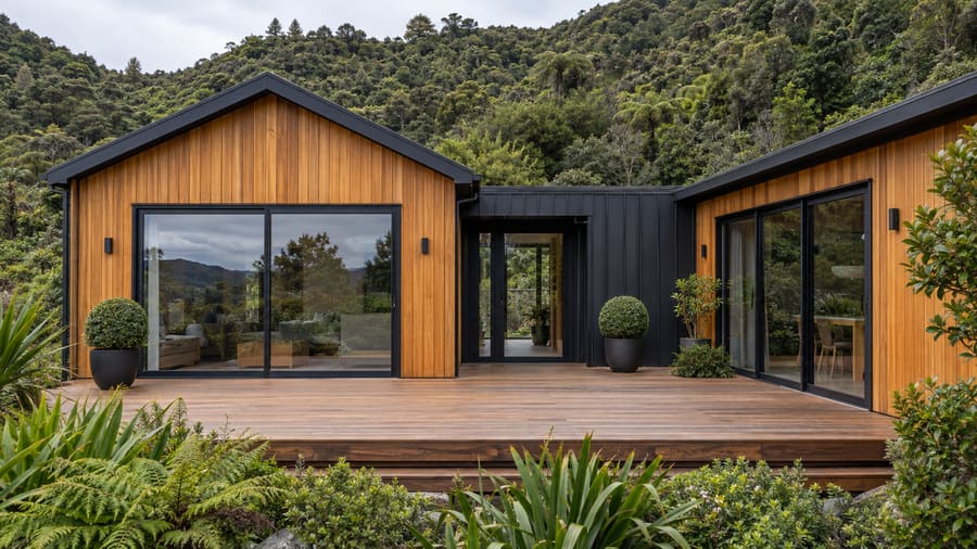 A modern cedar home with warm honey-toned cladding, matte black joinery and native bush behind