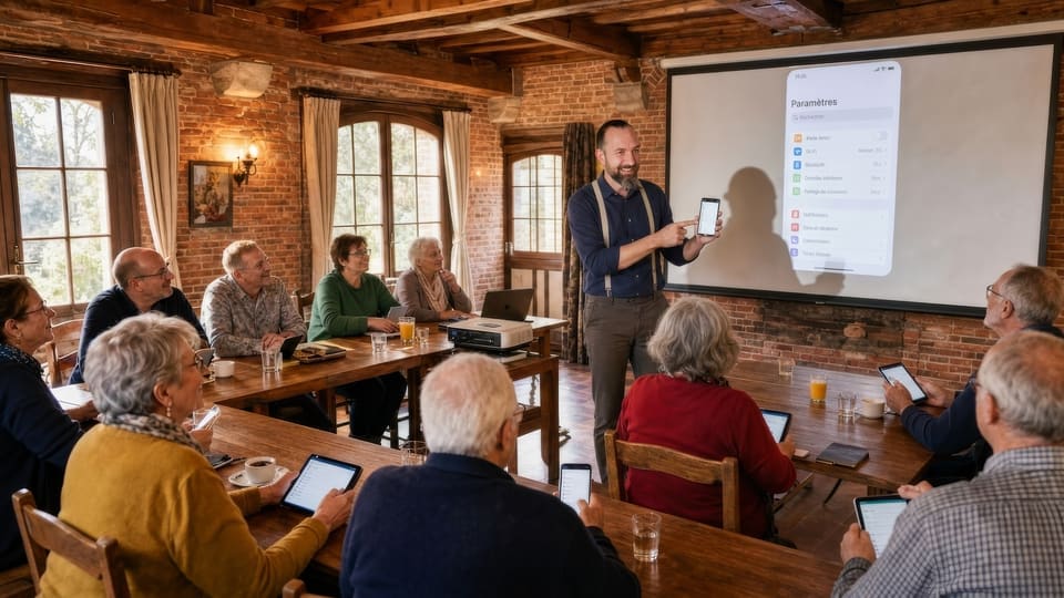 Atelier convivial où un animateur montre le réglage d'un smartphone à un groupe de seniors équipés de tablettes