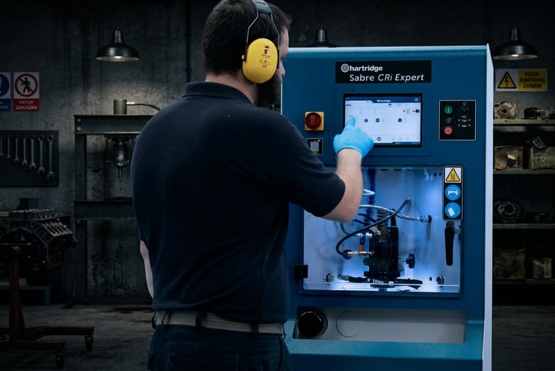 Technik testuje vstřikovač na jednotce Hartridge Sabre Expert