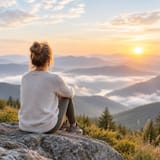 Woman watching a mountain sunset