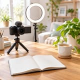 Camera and ring light on a desk