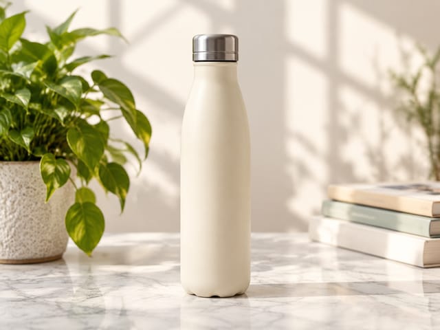 Cream insulated water bottle on a sunny marble desk