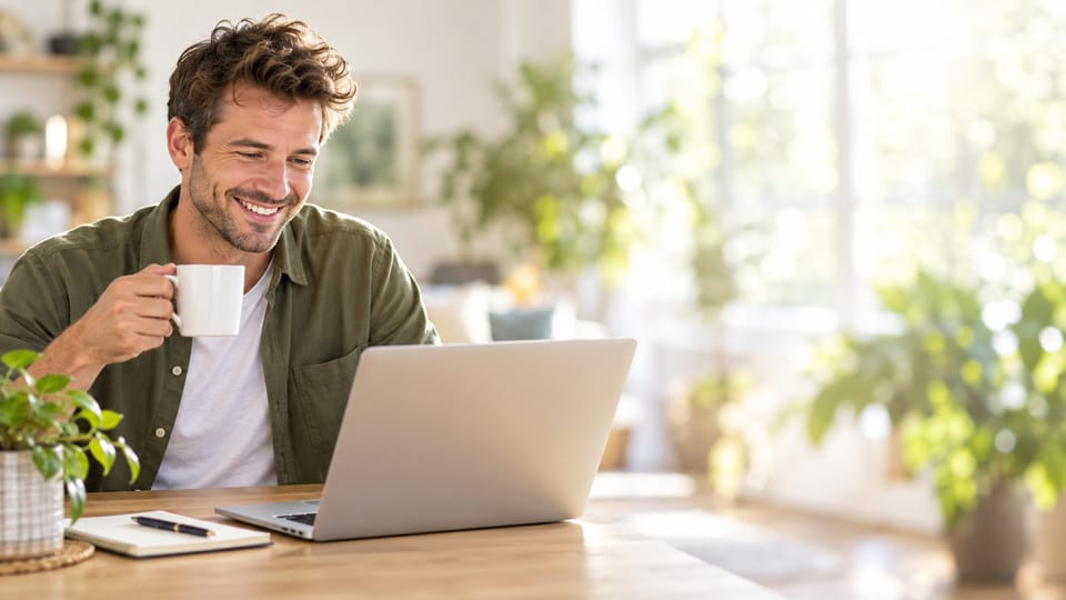Smiling man with a coffee working on his laptop