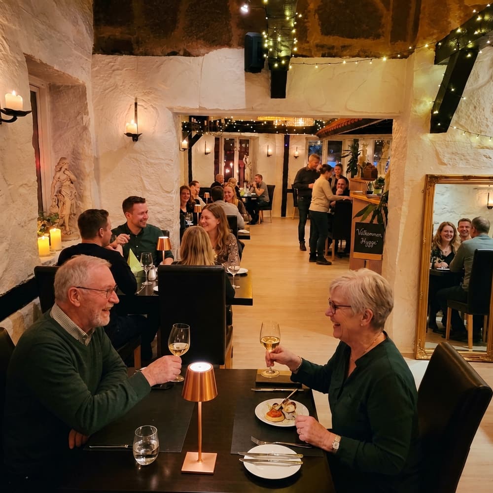 The rustic cellar with stone vaults, candles and tables set for dinner