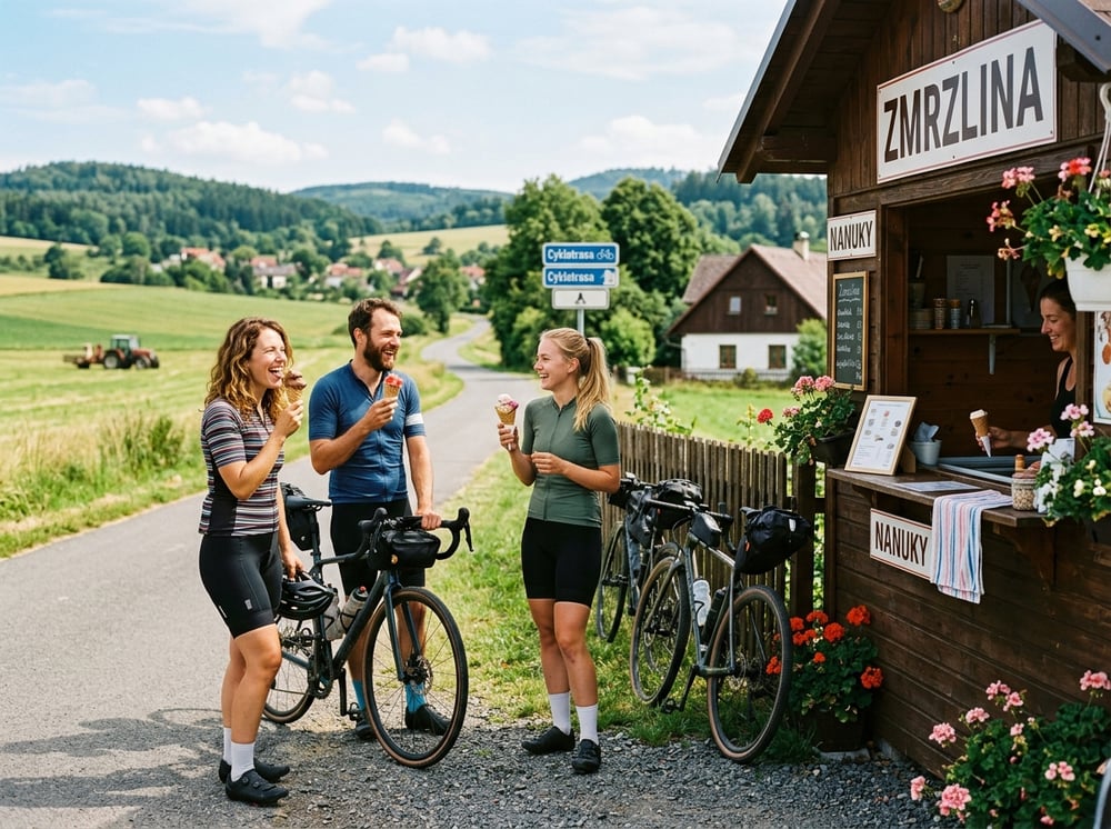 Cyklisté na zastávce u výdejního okénka ZmRRRzka z Báčka – Orlické hory