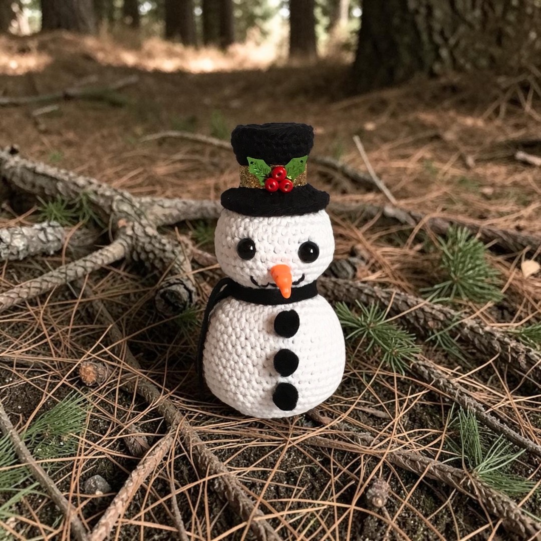 Handmade crochet snowman ornament beside the Christmas tree on a mantelpiece