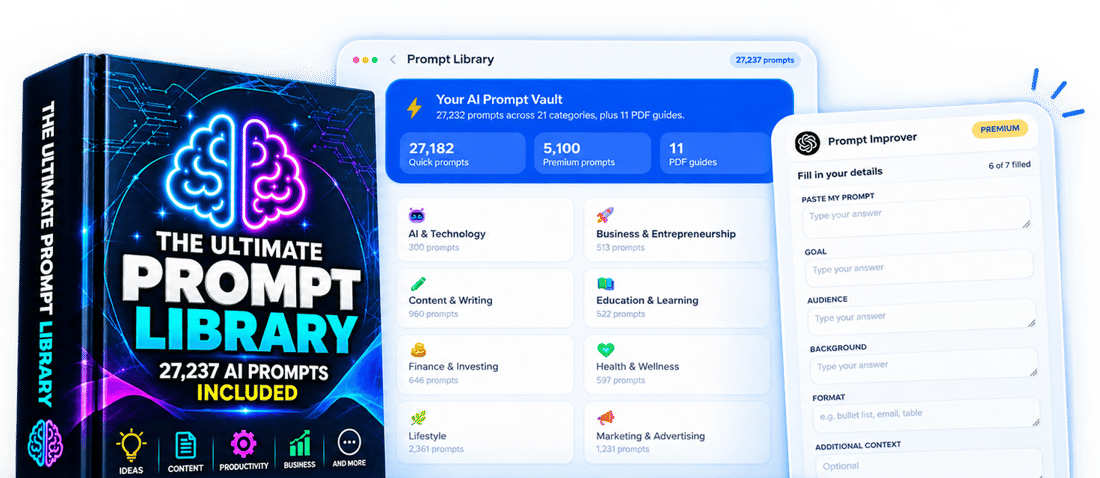 The Ultimate Prompt Library book with the online Prompt Library and Prompt Improver screens