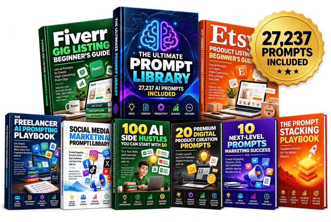 The Ultimate Prompt Library with 27,237 AI prompts included, shown with covers of its downloadable guides