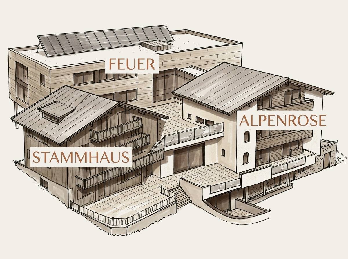 Skizze der Hausbereiche Feuer, Alpenrose und Stammhaus