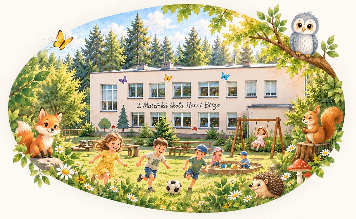 Ilustrace budovy 2. mateřské školy Horní Bříza, děti si hrají na zahradě, lištička, veverka a sovička v lese