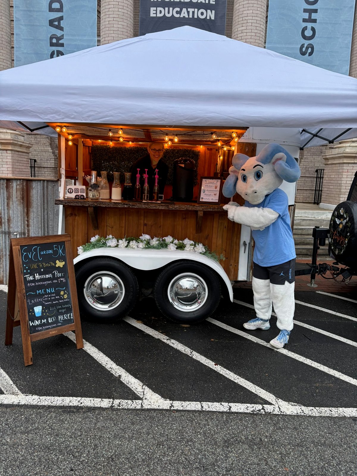 Pi Beta Phi Eve Carson Memorial 5K custom coffee menu board at The Hitching Post — Golden Arrow, Blue Butterfly Angel, Old Well Latte, and Heel Fuel lattes