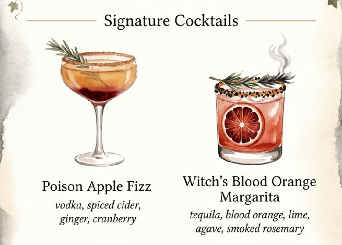 Illustrated Halloween cocktail menu card showing a Poison Apple Fizz and a Witch Blood Orange Margarita with their ingredients