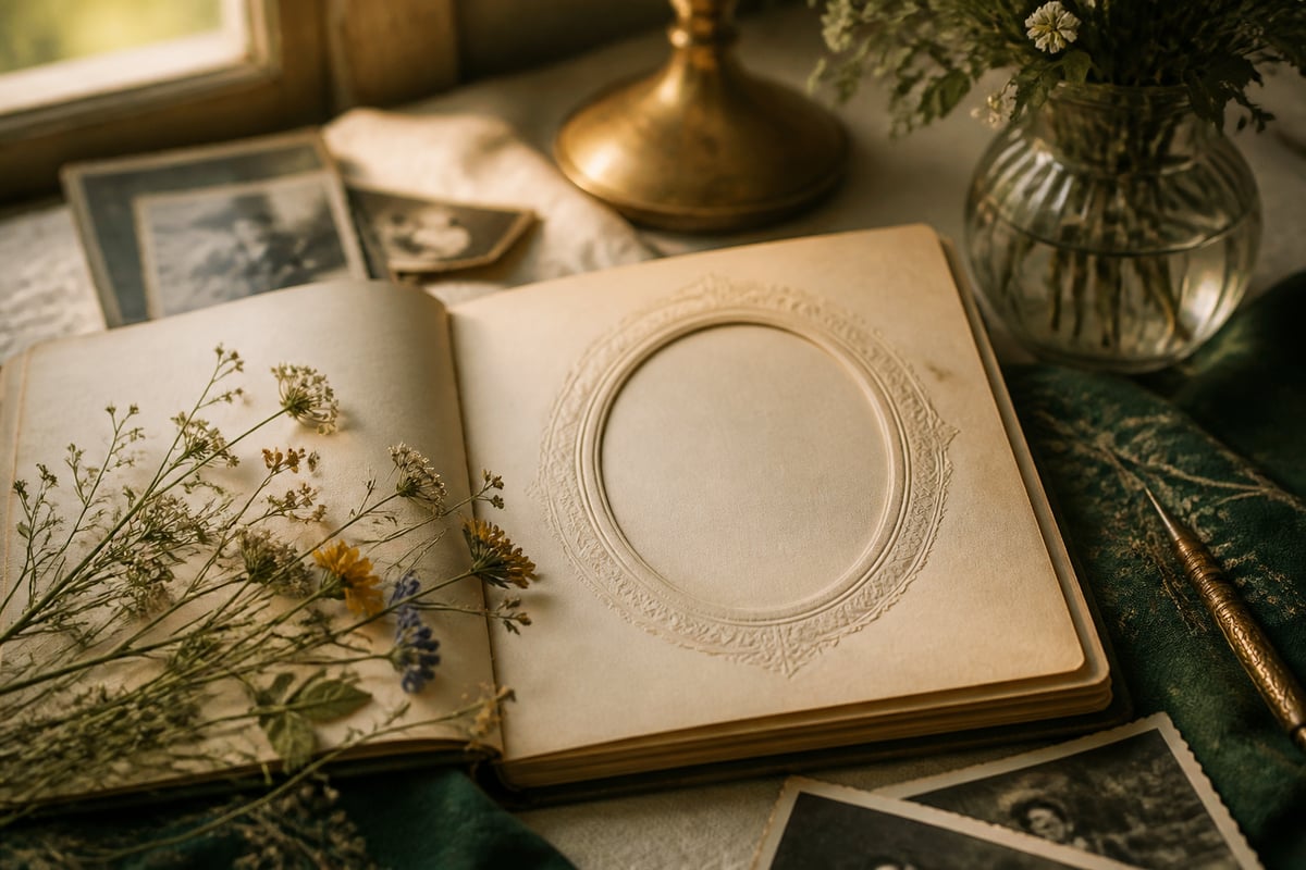 Een geopend familiekaderboek met een ingedrukt ovaal kader, daarnaast oude foto’s, gedroogde bloemen en een messing lamp in warm avondlicht